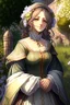 Placeholder: Anime, bubbly middle age woman with medieval gown, outdoors in garden, HD, extreme detail in the face