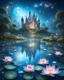 Placeholder: galactic landscape of a magic lake full of lotus flowers and fairytale castle in the background with sparkling white stars tiny electric blue butterflies
