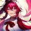 Placeholder: Clear focus, 8k, beautiful lighting, vibrant colors, girl, pink long hair, vibrant pink eyes, miko, ponytail, hair in between the eyes, up close, laughing, angry, messy hair,