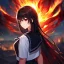 Placeholder: Clear focus,High resolution, Black long hair, Red eyes,Wearing a black sailor uniform,Looking away from the viewer, Back view, Ready for a epic battle between gods, Blurry fire