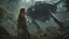 Placeholder: Wide-angle, woman with straight hair, dressed like a robot, with equipment in her hands, next to a crashed spaceship, in a clearing on an alien jungle world