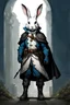 Placeholder: male white Rabbit standing up with blue eyes dnd in shadow armor wearing a cloakand boots