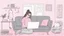 Placeholder: home office fashion, in a cozy living room a woman sitting on a sofa open laptop in front of her she is working, she wearing a loose gray T-shirt with holes and stains in a few places and "text":"I hate humanity!" she is big messy hair and glasses top of her head. wearing pink pajama pants with a cute cat head pattern her home fashion, surrounded notes, paper, calendar, crumpled paper, on table front her coffee mugs, mineral water, books, the room is a mess, very detailed, anime style, cartoon