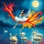 Placeholder: create a vibrant gouache painting of a Swan Lake ballerina skater leaping mid-air, trailing an explosion of liquid paint in crimson red, cobalt blue, and golden yellow forming radiant swan-like wings, shimmering water below with elegant swans gliding, some transforming from colorful paint splashes, glowing moonlit sky, painterly textured dreamlike fantasy --ar 16:9 --v 6.1