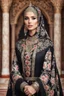 Placeholder: Gorgeous Realistic Photography Super model Russian as Beautiful hijab girl dressing Morocco pattern flowers gown luxury black and jewelry,luxury palace background, close-up portrait