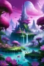 Placeholder: In the celestial garden, pink and purple clouds intertwine. Giant pitahaya flowers sprout from floating cliffs, with translucent petals. A white tower, green vines, dragon trees with pink and purple fruits, attracting mythical creatures. Iridescent butterflies flutter, reflecting the sky in a crystalline pond where fish swim among water lilies. White paths wind, revealing enchanted corners of this kingdom.