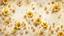 Placeholder: Hyper Realistic Beige-&-Yellow small-multicolor-flowers With Glowing Golden Embers On Off-White Grunge Wall Background.