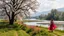 Placeholder: country side ,river side ,bloosoming trees and flowers ,beautifull lady gracefully walking