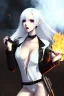 Placeholder: close-up gothic anime girl, white hair, tight outfit with gun on thigh, standing on a train track, smoke and fire surroundings, she is dull and dark, looks determined , train approaching behind her, poeti style