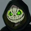 Placeholder: jack o lantern head with a dark green hood cloak in anime style