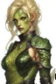 Placeholder: female snake humanoid, green scales, wearing a black leather armor, dungeons and dragons