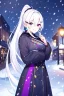 Placeholder: girl, masterpiece, best quality, cinematic lighting, detailed outfit, vibrant colors, perfect eyes, long hair, white hair, purple eyes, snowing, winter clothes, smiling, street, ponytail, hairclip, earring, hair between eyes,