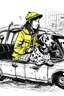 Placeholder: Ink sketch of a dalmatian dressed as a black cab driver resting one hand on the driving wheel and a young girl wearing an anorak sitting on the back seat