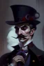 Placeholder: Strahd von Zarovich with a handlebar mustache wearing a top hat dreaming of hugging a Harengon