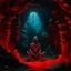 Placeholder: An oil painting of Hindu god YAMA in a cave, neon red colors, high detail, dark vibe