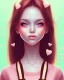 Placeholder: girl, happy, closed mouth smile, surrounded by hearts, brown hair, long hair, brown eyes, close up portrait, pink top