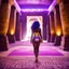 Placeholder: [bokeh macro view] Inside the ancient pyramid, forgotten hieroglyphs dance on the walls. In the chamber's center, a woman stands; her violet hair flows over dark skin like amethysts. Sensual and powerful, she captivates with each graceful movement. Clad in a shimmering golden swimsuit, a round pink plush carpet beneath her feet, with her white sunglasses, she embodies divine beauty. Her allure is magnetic, drawing all eyes to her.