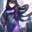 Placeholder: Clear focus,High resolution, Black long hair, Purple eyes, Wearing a tight swim suit, blurry background