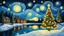Placeholder: In the style of van gogh starry night,a wide shot angle of a Christmas tree, spreading Christmas joy in an glowing snow,riverside,reflections in the water,mistletoes