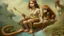 Placeholder: An oil painting featuring a monkey and a woman on a seesaw in a surreal landscape. The monkey, positioned on the left side of the seesaw, is depicted with human-like features, including a ruff around its neck. It has light brown skin and a long, curled tail. The woman, on the right side, is fair-skinned with auburn hair pulled back in a bun. She wears a long, flowing orange dress. The seesaw itself is made of metal and appears old and slightly rusted, with intricate designs on the central suppor