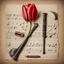 Placeholder: Hyper realistic red tulip on the side of a vintage paper with harmonica instrument & small musical notes