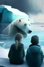 Placeholder: Niño y niña observan con tristeza cómo el glaciar se derrite y cae en el mar, a un lado un oso polar se con una mirada de preocupación