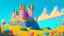 Placeholder: Castle on a hill, Pink walls, orange towers, yellow flowers on the ground, dark blue roof and aqua blue sky, very detailed