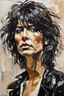 Placeholder: palette knife portrait of Chrissie Hynde in black leather, in the Expressionist style of Egon Schiele, Oskar Kokoschka, and Franz Marc, highly detailed hair and facial features, in muted natural colors with fine detail outlining and shading