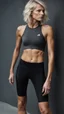 Placeholder: photography of a beautiful anorexic woman, anthracite satin triathlon top, sports illustrated, platinum blond short wavy bob haircut, pronounced sternum, flat chest, anthracite short leggins