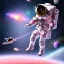 Placeholder: astronaut in pink suit flying through space on a bicycle