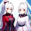 Placeholder: Clear focus, 8k, beautiful lighting, vibrant colors, girl, white hair, long hair, vibrant red eyes, ponytail, same twins, white hair, red eyes, same clothes,