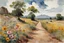 Placeholder: Sunny day, clouds, dirt road, flowers, mountains, big rocks, trees, sci-fi, winslow homer watercolor paintings