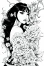 Placeholder: hyper detailed, black and white, thick line, coloring book illustration, lineart, stunningly beautiful asian woman in flowers, jim lee