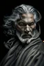 Placeholder: a photo of an Caiucasian man with ethnic jewelry, grey hair and grey flowing robe, in style of Annie Leibovitz, contemporary portrait of a mature yet beautiful and modernist man, black and grey, detailed masculine face, swirling fluid smokey enigma, award-winning artwork