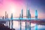 Placeholder: Dreamlike Skyline of Downtown futuristic hightech city in 4050 and a stunning futuristic Bridge During Sunlight with silver-grey clouds, over the azur-silver color river, cold colors, high detalied, sci-fi, landscape