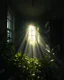 Placeholder: extraordinary photographie, magical light in an apartment overgrown with vegetation, abandoned apartment, perspective, ray of sunlight, morning light, silver light, textured, by jeremy lipking, tim rees, joseph todorovitch