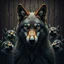 Placeholder: an anthropomorphic wolf facing at the camera and around him cheerful anthropomorphic wolves laugh at him , in the background many wooden wall, high realistic, high detailed, dark fantasy, cinematic