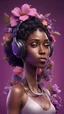 Placeholder: 3D illustration of black woman with headphones on and a deep purpure background with flowers, illustration, smooth 3d digital art, exquisite thee-dimensional rendering, 4K, blender, c4d, octane render , disney style 3d light, Zbrush sculpt, concept art, Zbrush high detail, pinterest Creature Zbrush HD sculpt, neutral lighting, 8k detail