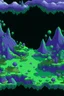 Placeholder: pixel art top down planet surface in 2d game, detailed level, mint green terrain, violet earth with plants and rocks, space trees that glow