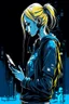 Placeholder: girl, blonde, profile, cyberpunk, holding a cellphone, comic book art style, geek, engineer, t-shirt, jeans, drug addict, ,