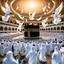 Placeholder: The scene in Mecca: People wearing white Ihram clothes, men without head coverings, women with veils, circumambulating around the Kaaba, and above them are transparent white spirits of children, men, and women with wings revolving around the Kaaba.