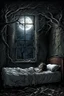 Placeholder: In the depths of a dark and surreal nightmare, a scared young girl with big eyes tries to sleep on a bed in a rundown room. The only source of light is a broken window, the moonlight illuminates the dusty floor and shadowy corners. The wind howls outside, causing the branches of a nearby tree to slam against the window, adding to the eerie atmosphere. In the corner, the shadows seem to move and roll, fear, surreal, thriller