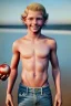 Placeholder: full body image of a beautiful 12 year old boy with long, blonde curly hair and light blue eyes, smiling, shirtless, holding a red apple in his right hand, in front of an distant beach