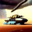 Placeholder: Chris Foss painting of a scene with an armored hovercraft with gun turret in the desert with stormy sky and a duststorm