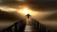 Placeholder: walking straight ahead over a wooden bridge, holding the angel of death with your right hand, entering the fog at the end of the road that leads to the afterlife, a stream from the mountains flows from the right and left, and a beautiful sunset behind the fog, realistic