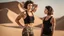 Placeholder: beautiful caucasian female, black tank top, well toned muscles, scratched sand camo metal details, short brunette wavy bob haircut, dystopian, desert scene