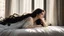 Placeholder: Nancy lies sprawled on her bed with a haughty, mocking air, chest down, chin resting on her hand, gazing lazily out the window like life itself has bored her to death. Her long, dark hair cascades down her shoulder, faintly glinting in the sunlight peeking through the curtains. A delicate silver hairpin perches on one side, almost ironic given her usual devil-may-care vibe. Her violet eyes, half-lidded with indifference, slowly drift toward you — expressionless, flat — like she's staring through