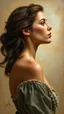 Placeholder: Side profile of a beautiful young woman side view with her aspirations behind her. Opulent Van Gohn style painting