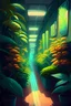 Placeholder: painting of bright corridor full of plants with several sensors plugged everywhere
