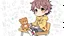 Placeholder: detailed digital art style, cute anime, detailed chibi face, sitting on school desk in hand a bear toy, in colorful modern clothes , messy hair random drawing background, childbook style, highly detailed, no photorealism